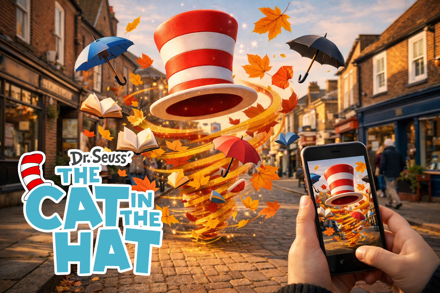 A hand holds a phone scanning a trail marker on a cobbled town street, with the Cat in the Hat's hat appearing in AR