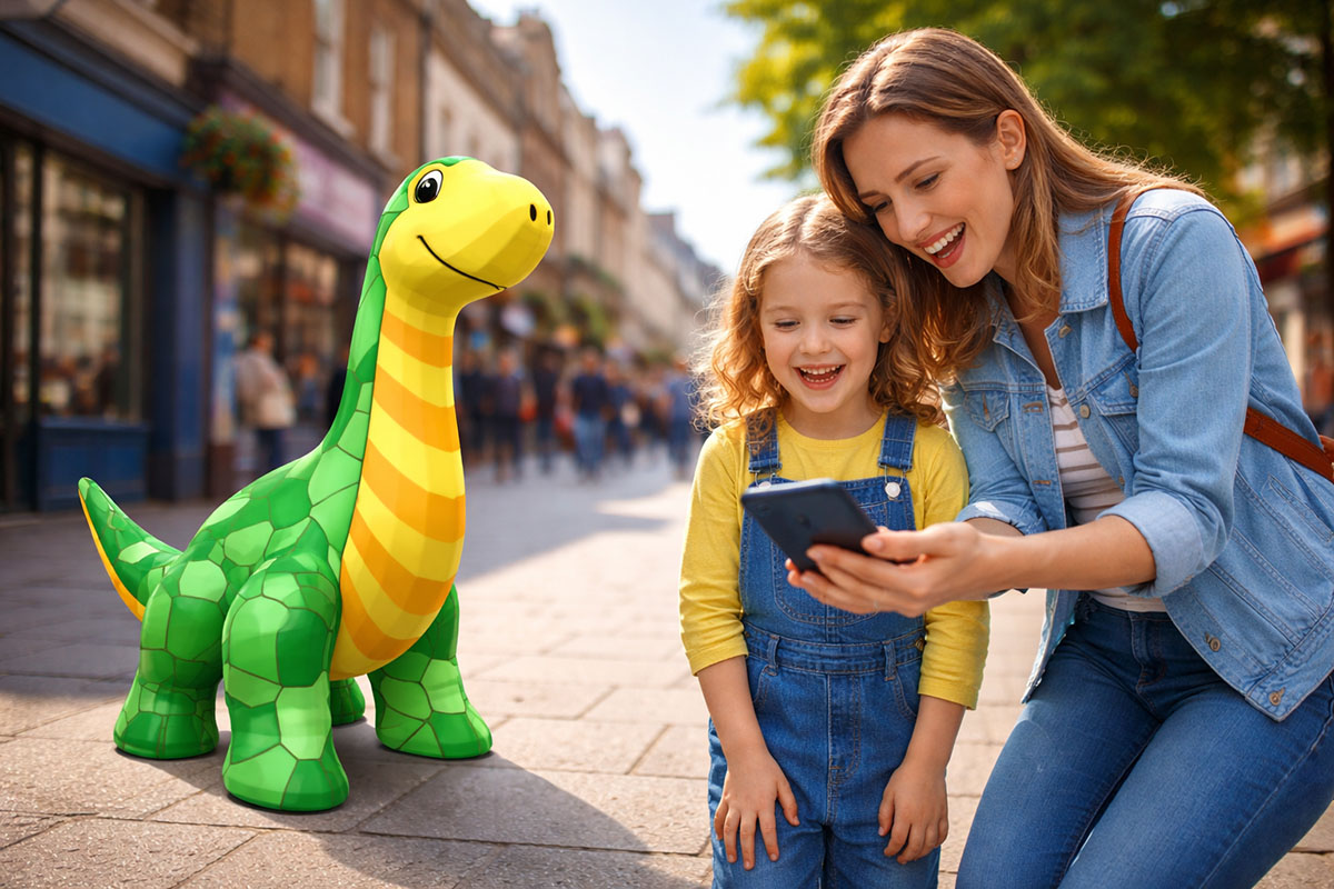 A mother and young daughter smiling as they discover a cartoon dinosaur through their phone on a sunny high street