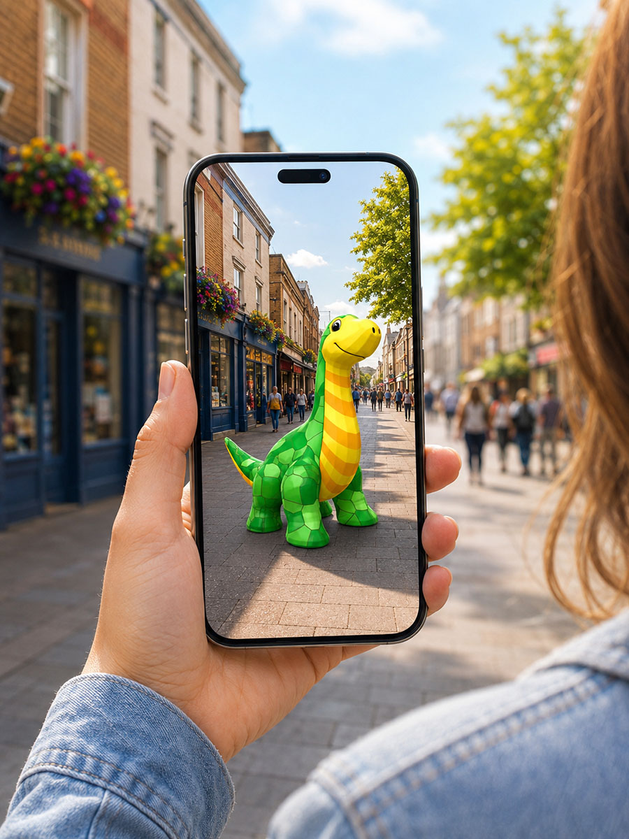 A phone held up to scan a trail marker, showing an AR character appearing on screen