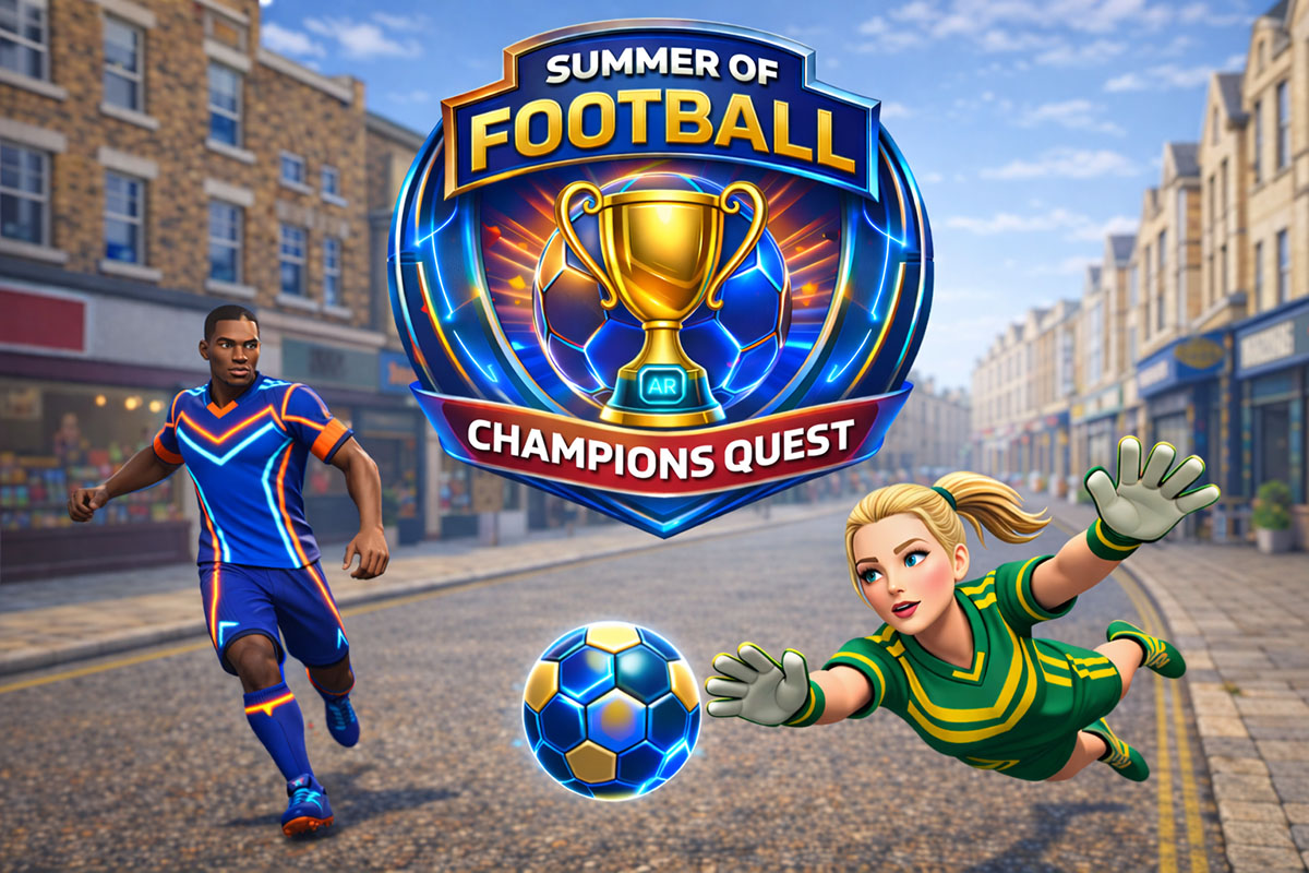 Illustrated footballer characters from the Summer of Football AR trail against a high street backdrop