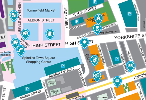 Oldham Time Trek map showing character locations